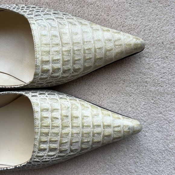 Emanuel Urgaro Paris Embossed Snakeskin Cream Taupe Leather Pumps Pointy Women 8 - Picture 7 of 16